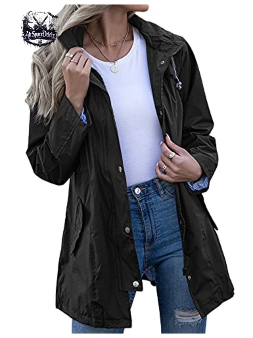Women's Waterproof Lightweight Hooded Rain Jacket Striped Lined Windbreaker
